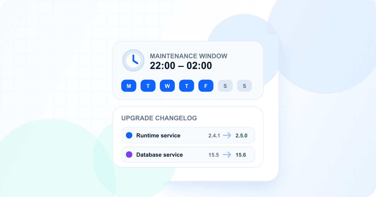 A Wodby maintenance window beside an upgrade changelog with service release notes