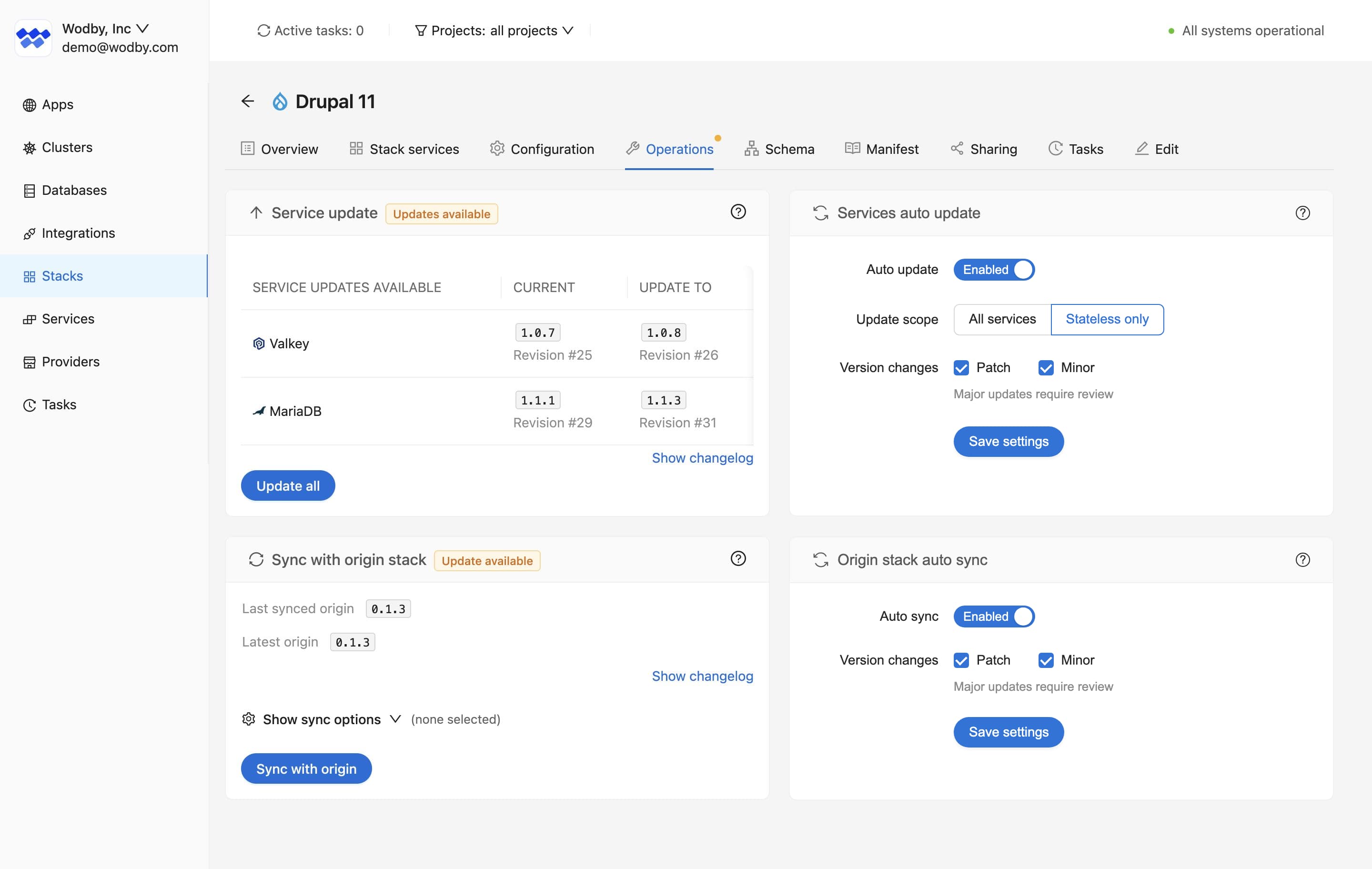 Wodby stack operations showing service updates, automatic update settings, and origin sync