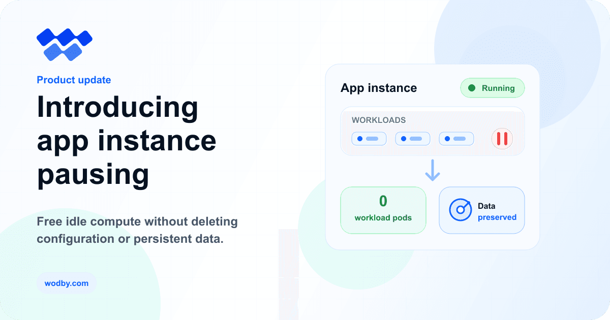A Wodby app instance changing from running to paused while workload compute is released and persistent data remains