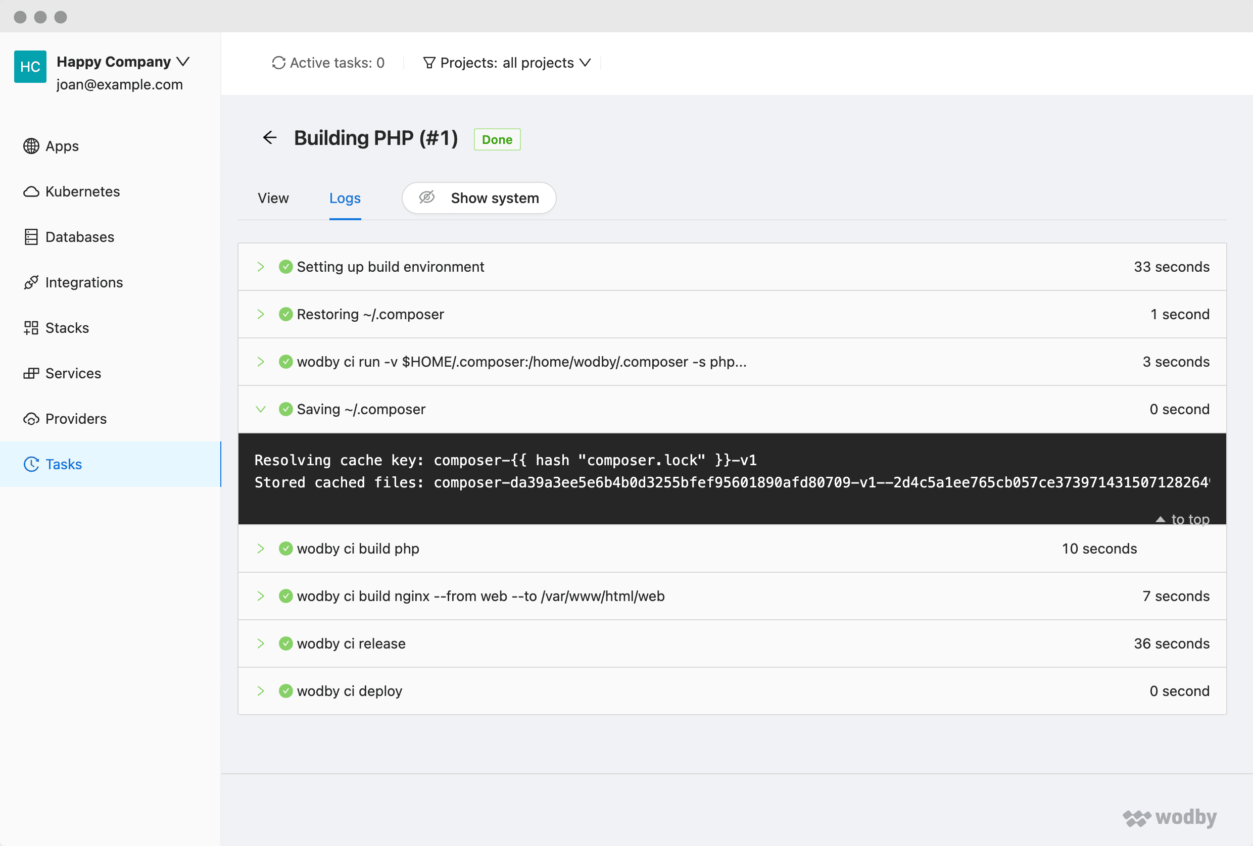 Wodby dashboard showing CI/CD workflow setup