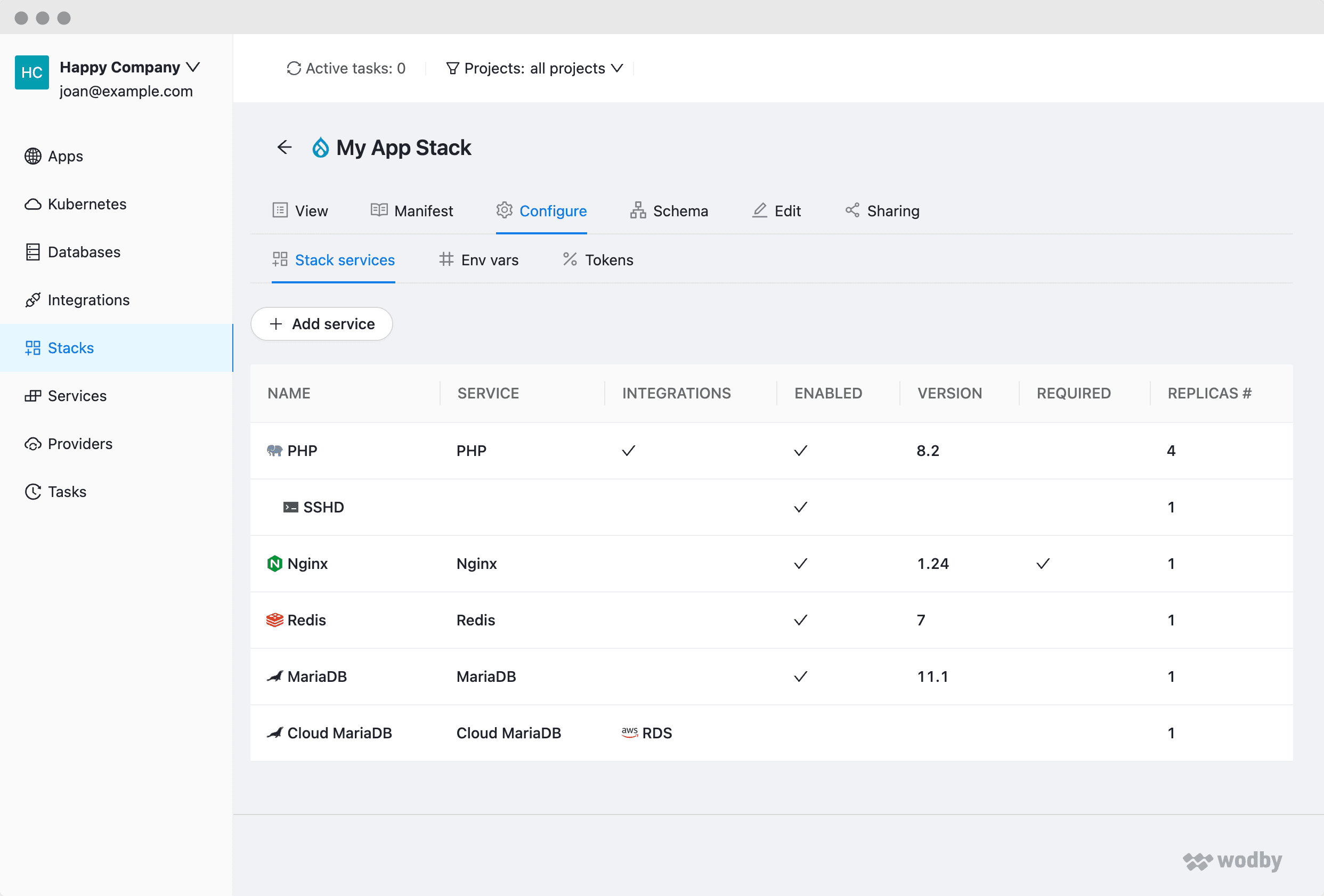Wodby dashboard showing a configurable application stack