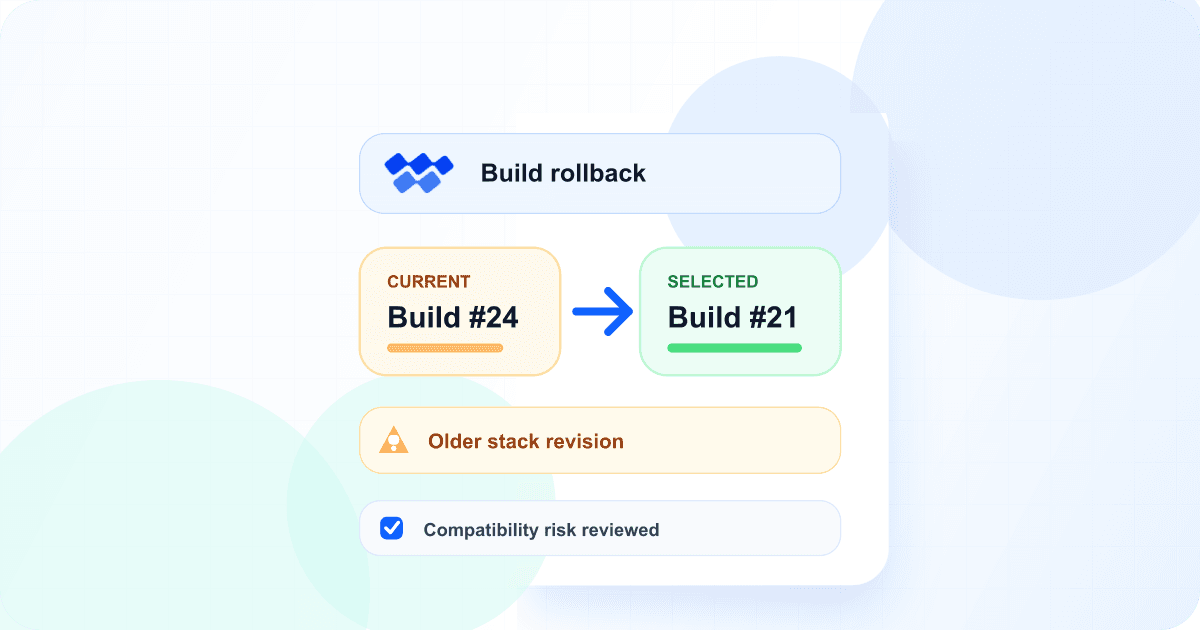 A Wodby deployment moving from a newer build to a previous known-good build with an older stack revision warning