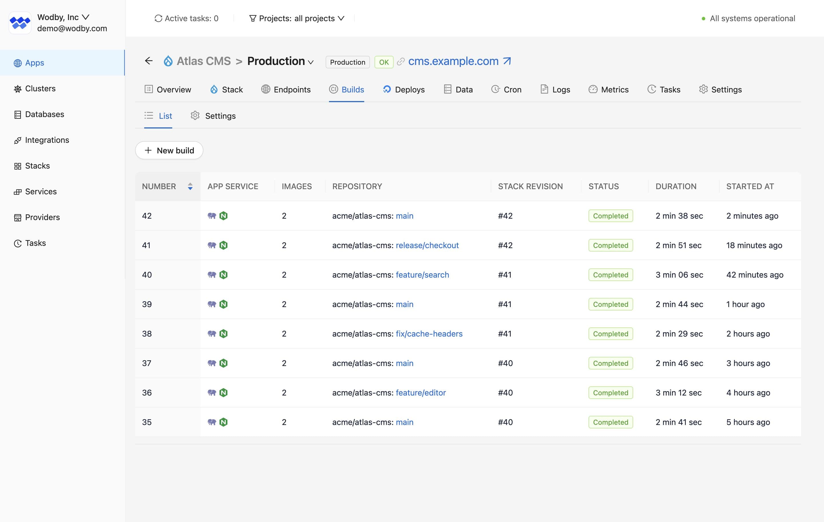 Wodby build history showing service builds, repository refs, stack revisions, status, and duration