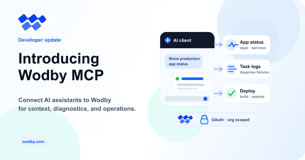 Wodby MCP connecting an AI assistant to app status, task logs, and deployment tools